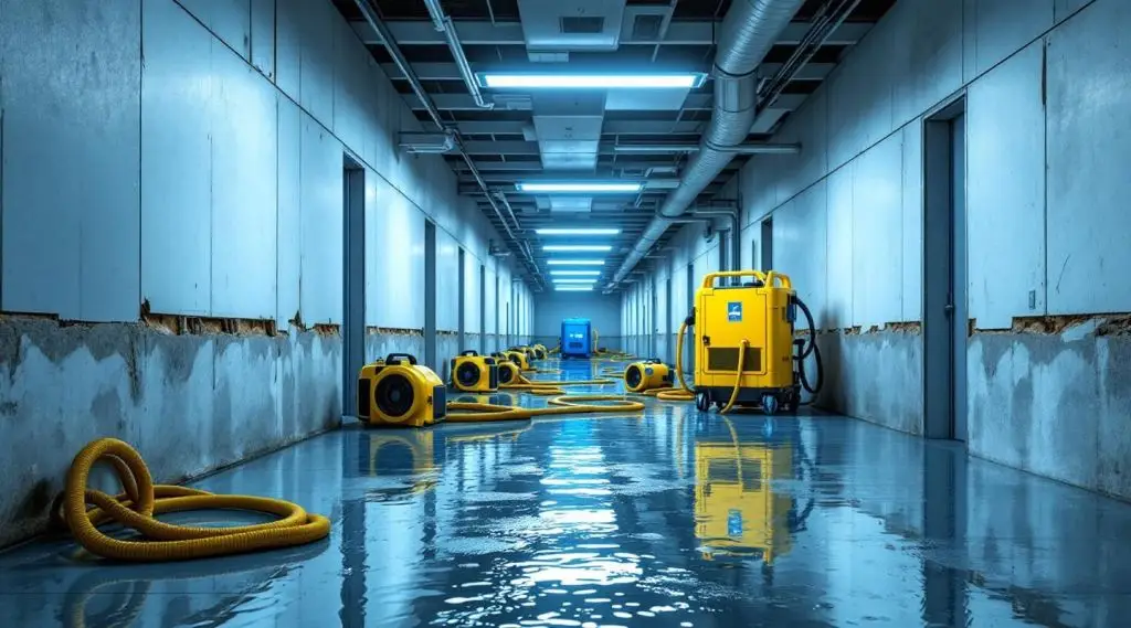 Professional restoration technicians using industrial water extraction equipment in a large Omaha commercial lobby.