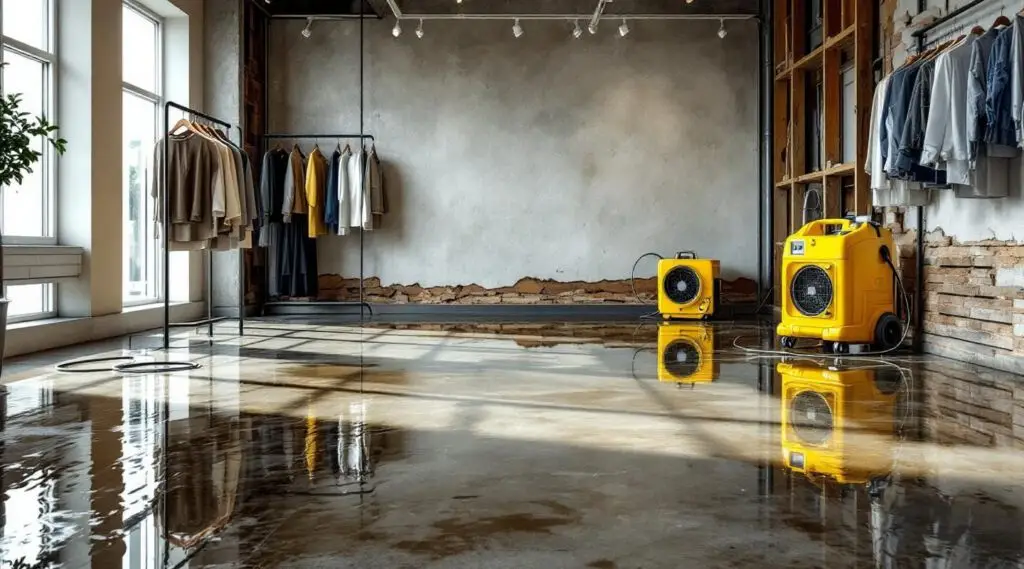 Kedor Restorations technicians using industrial water extractors on a flooded Omaha retail showroom floor.