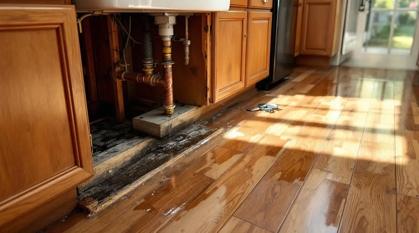 A professional restoration technician using a moisture meter on wooden kitchen cabinets in an Omaha home.