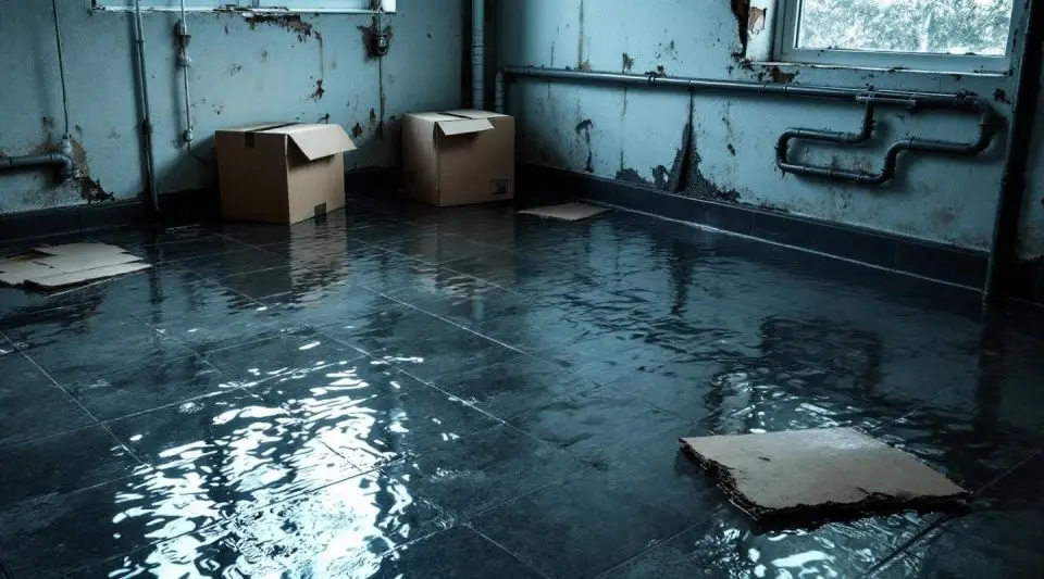 Professional technician using a high-powered water extractor in a flooded residential basement in Omaha