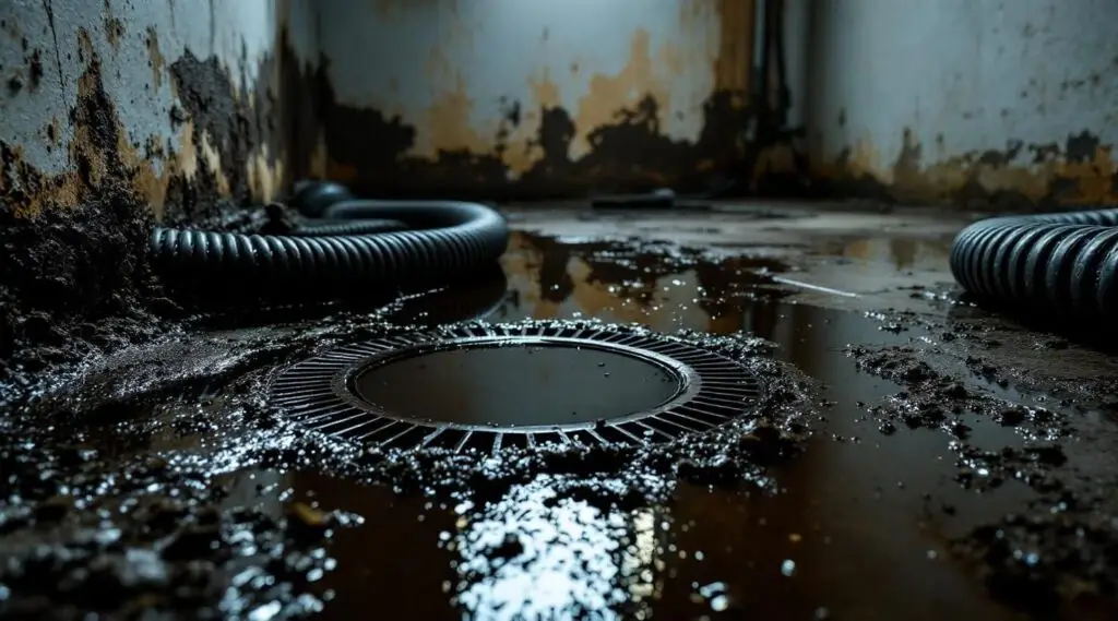 A professional restoration technician in full protective gear performing sewage extraction in an Omaha basement.