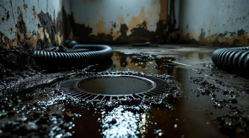 A professional restoration technician in full protective gear performing sewage extraction in an Omaha basement.