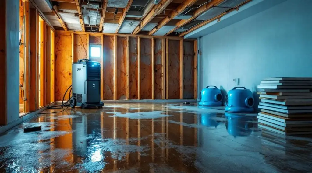 A professional restoration technician using a heavy-duty water extractor on a flooded Omaha basement floor.