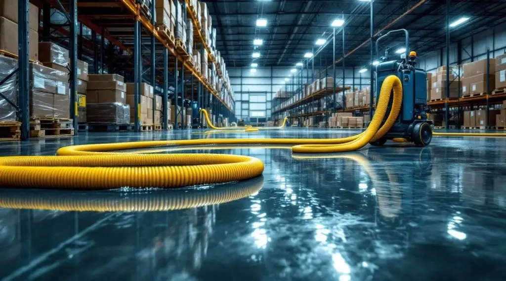 Kedor Restorations technicians using industrial truck-mounted extractors in a flooded Omaha warehouse facility.