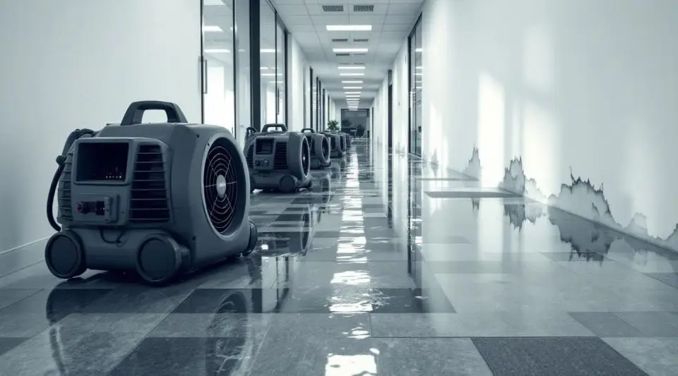 Professional restoration crew using industrial air movers and dehumidifiers in a flooded Omaha office building.