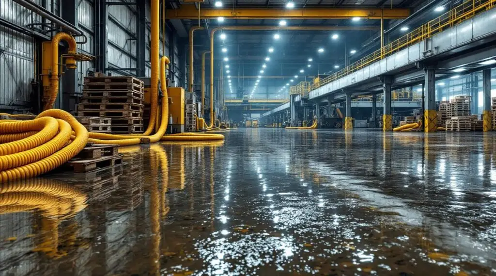 Industrial water extraction team using heavy-duty pumps in a large Omaha warehouse after a Missouri River flood event.