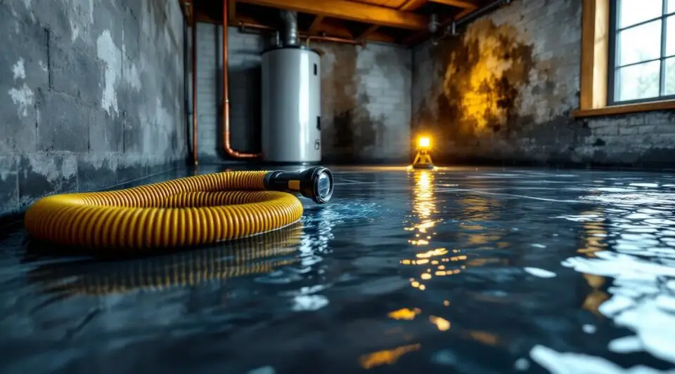 Professional restoration technician setting up a submersible pump in a flooded Omaha basement for water removal.