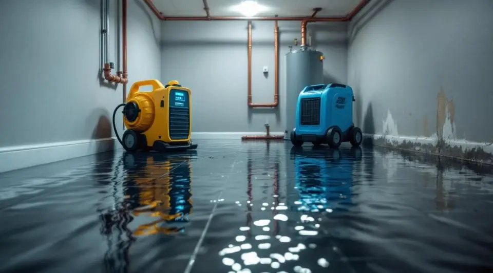 Professional water extraction crew using industrial vacuums in a flooded Omaha basement during an emergency restoration.