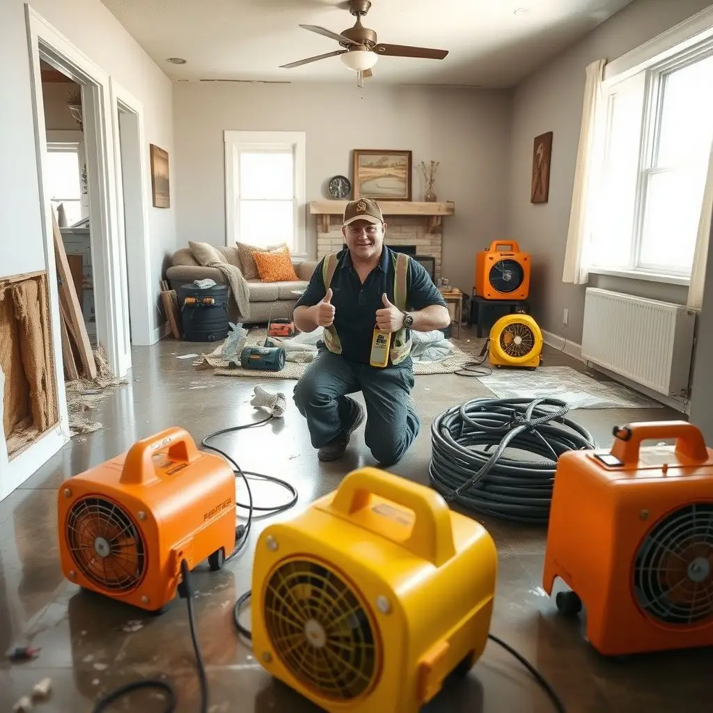 A restoration technician in a high-visibility vest using a professional moisture meter to check the levels in a Plattsmouth home's original hardwood flooring.
