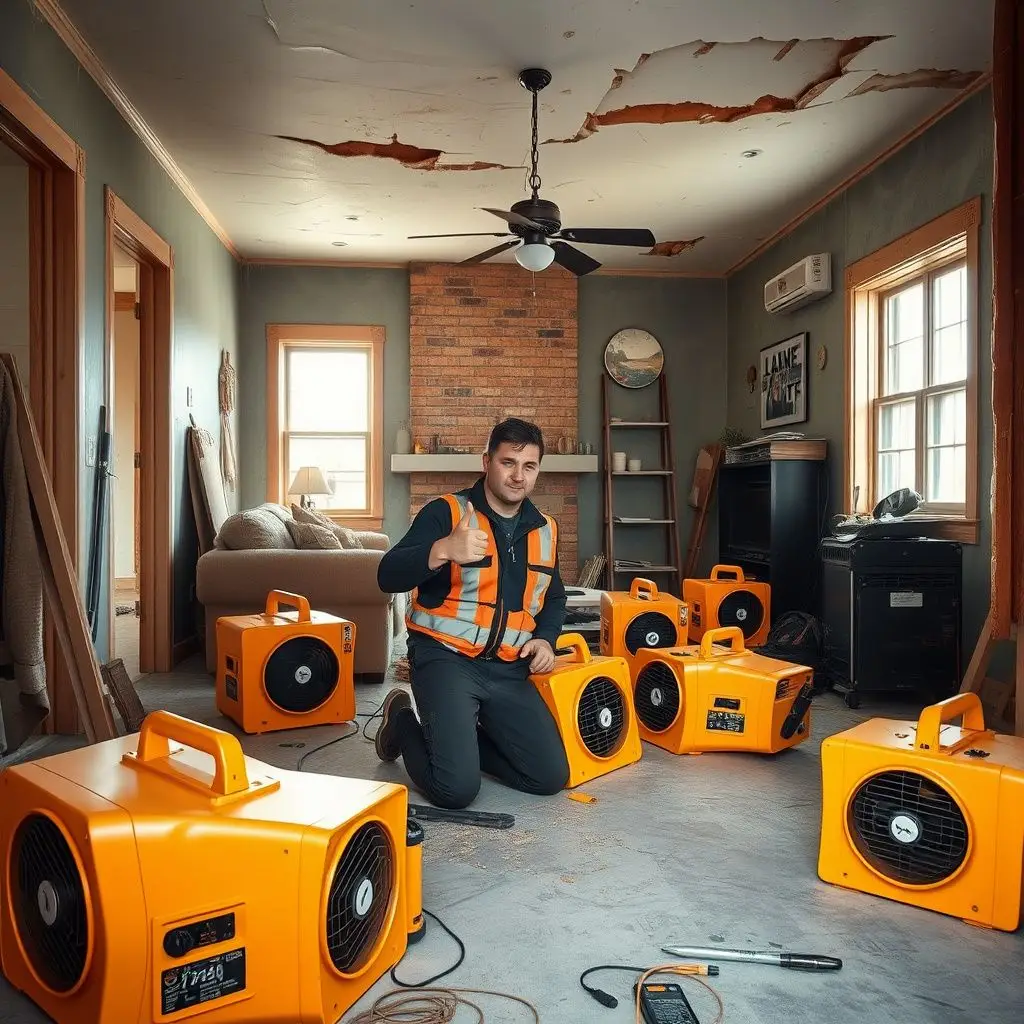 Professional drying equipment and air movers set up in a Valley basement to remediate water damage after a storm.