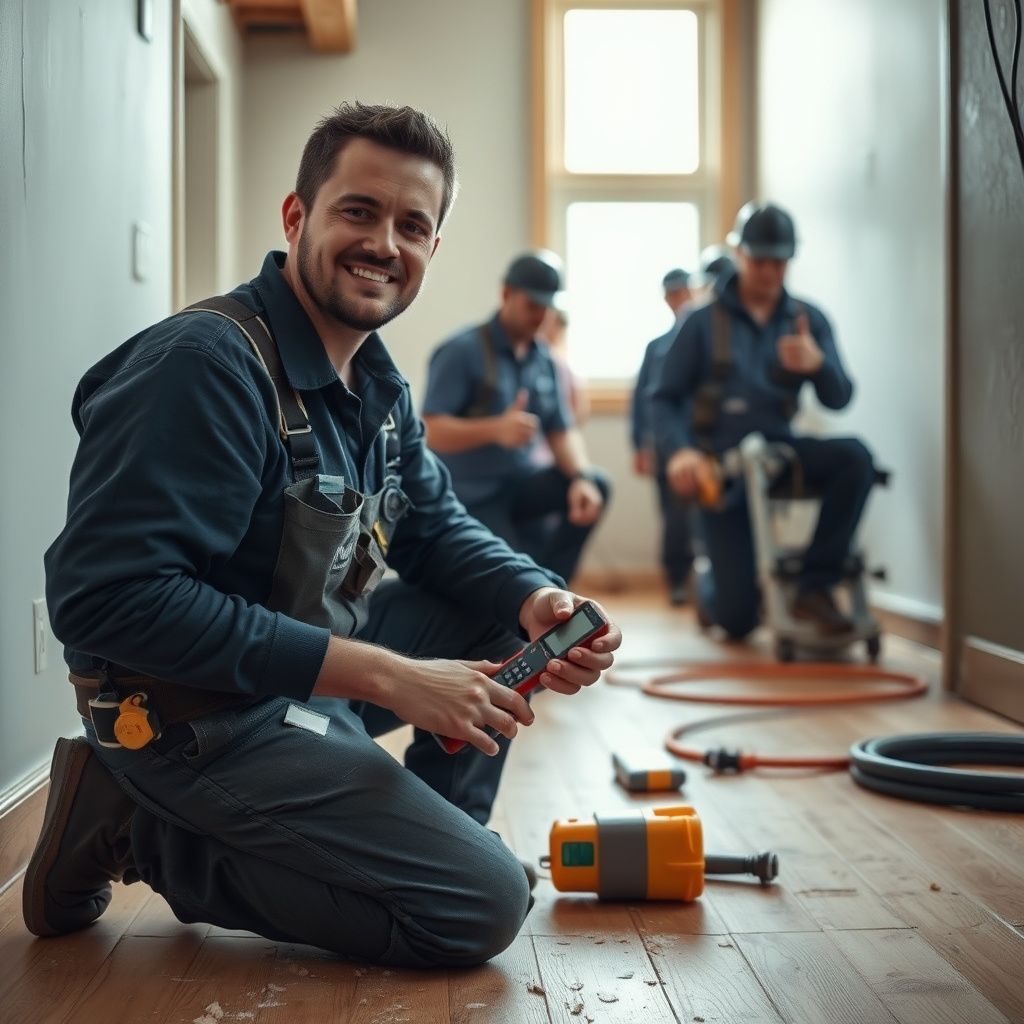 A Kedor Restorations technician inspecting a damp wall with a moisture meter inside a Chalco home, ensuring thorough water damage assessment.