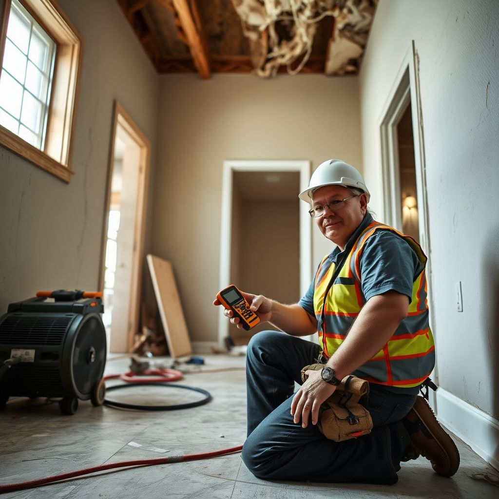 A technician using a moisture meter to check for hidden dampness behind drywall in a Honey Creek home.