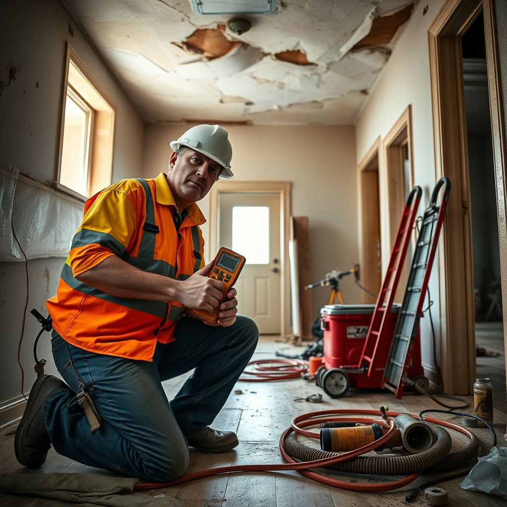 An IICRC-certified restoration technician using a moisture meter to check damp drywall in a Treynor home